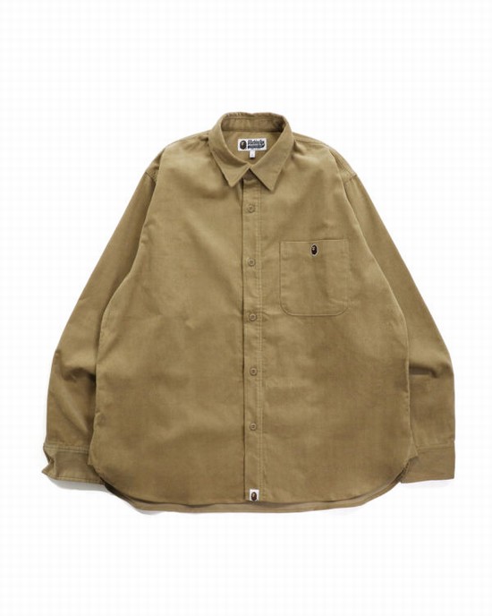 Beige Bape Ape Head One Point Corduroy Relaxed Fit Work Men's Shirts | ZA-60581