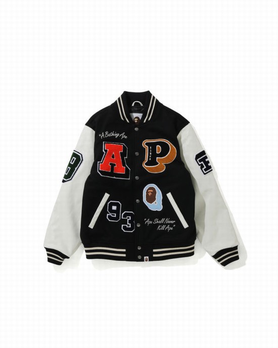 Black Bape Crazy Patch Varsity Men's Jackets | ZA-03219
