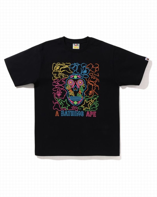 Black Bape Halloween Neon Mexican Skull Men's T Shirts | ZA-10974