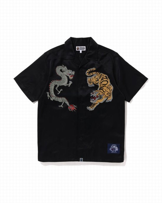 Black Bape Japanese Motif Relaxed Fit S/S Men's Shirts | ZA-57061