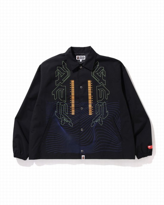 Black Bape Multi Graphic Relaxed Fit Coach Men's Jackets | ZA-71086
