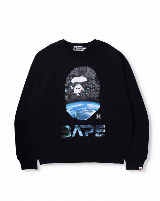 Black Bape Space Camo Ape Head Loose Fit Crewneck Men's Sweatshirts | ZA-81329