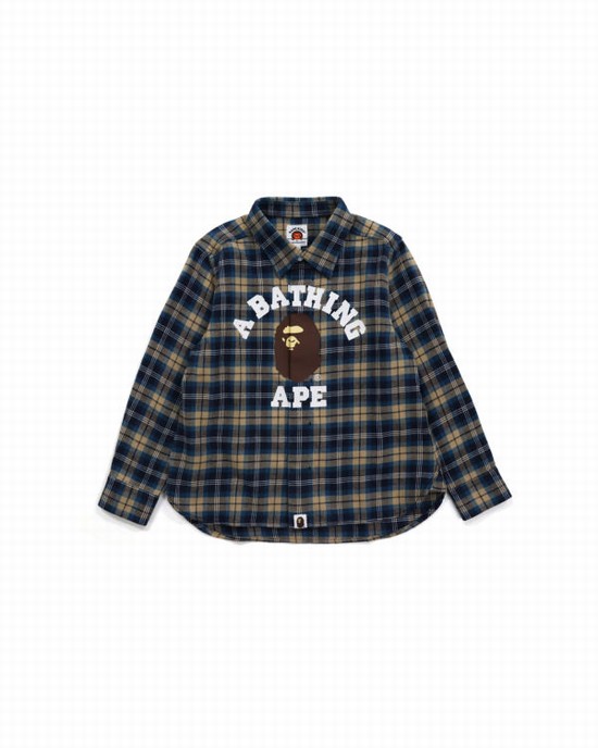 Dark Blue Bape College Flannel Check Kids' Shirts | ZA-31269