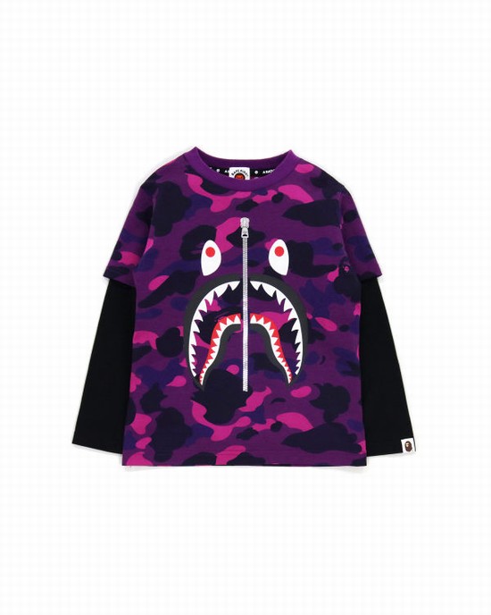 Dark Purple Bape Color Camo Shark Layered Kids' T Shirts | ZA-65107