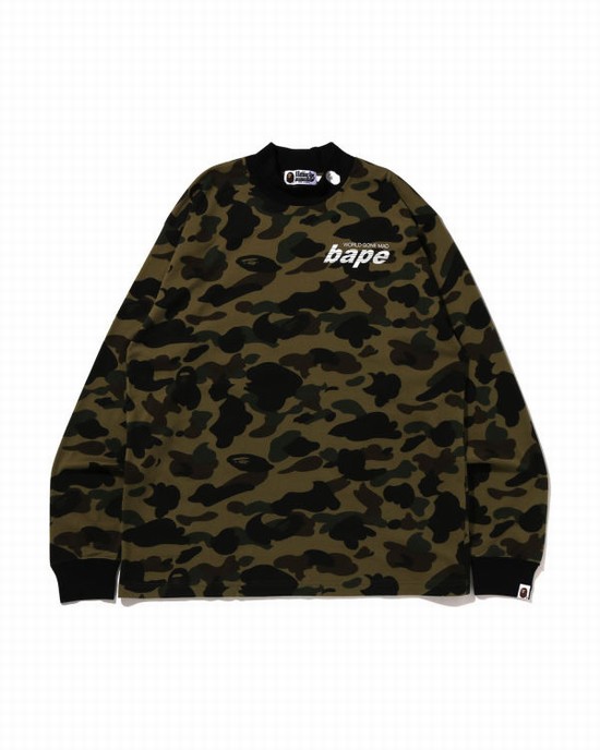 Green Bape 1st Camo Mock Neck Relaxed Fit L/S Men's T Shirts | ZA-86017