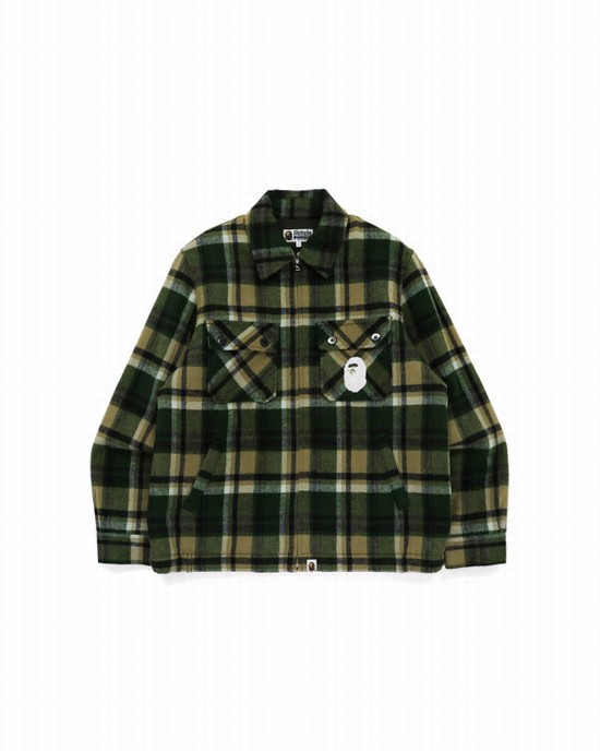 Green Bape Check Zip CPO Men's Jackets | ZA-60725