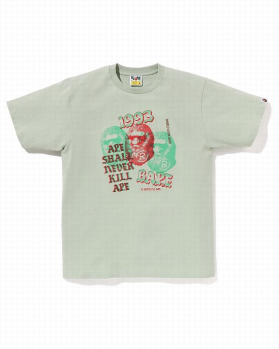 Green Bape Pigment Three Ape Head Men's T Shirts | ZA-86037