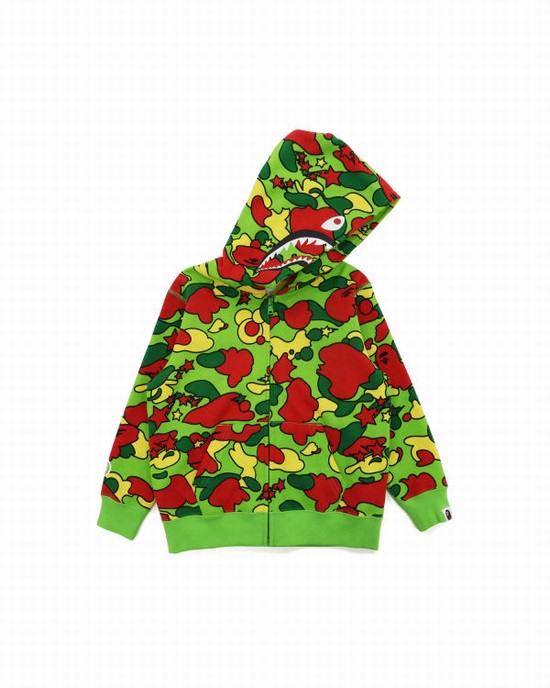 Green / Red / Yellow Bape STA Camo Shark Zip Kids' Hoodie | ZA-89027
