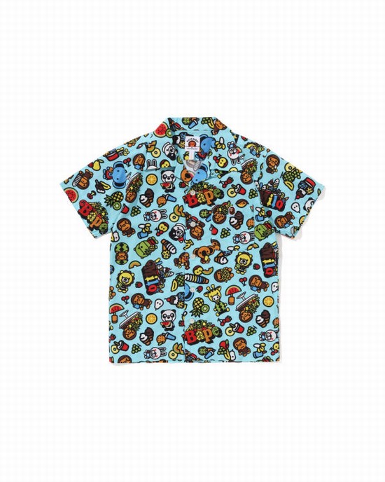 Light Blue Bape Milo Mixed Fruit Open Collar S/S Kids' Shirts | ZA-92365
