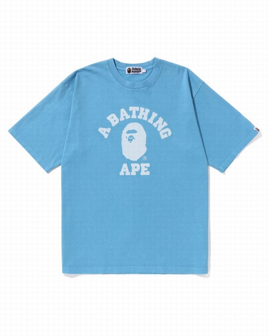 Light Blue Bape Pigment Dyed College Relaxed Fit Men's T Shirts | ZA-60583