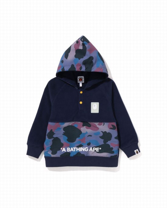 Navy / Blue Bape Grid Camo Half Snap Fleece Pullover Kids' Hoodie | ZA-56473