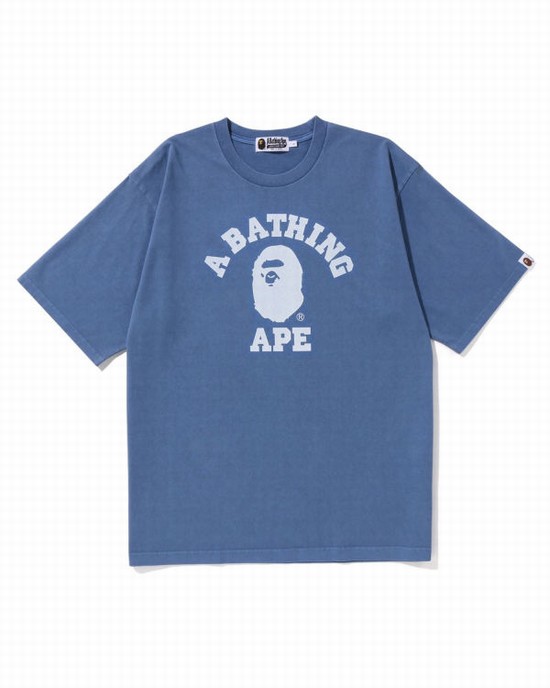 Navy / Blue Bape Pigment Dyed College Relaxed Fit Men's T Shirts | ZA-59823