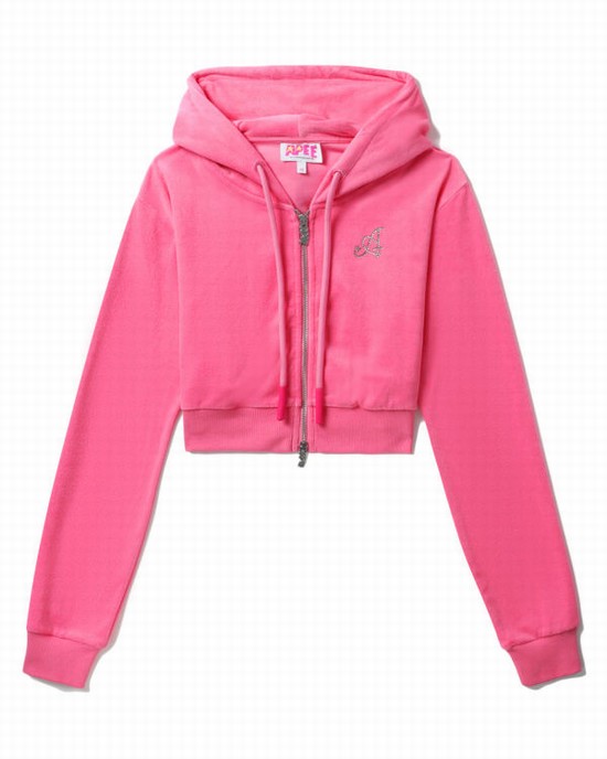 Pink Bape Towelling zip-up crop Women's Hoodie | ZA-53042