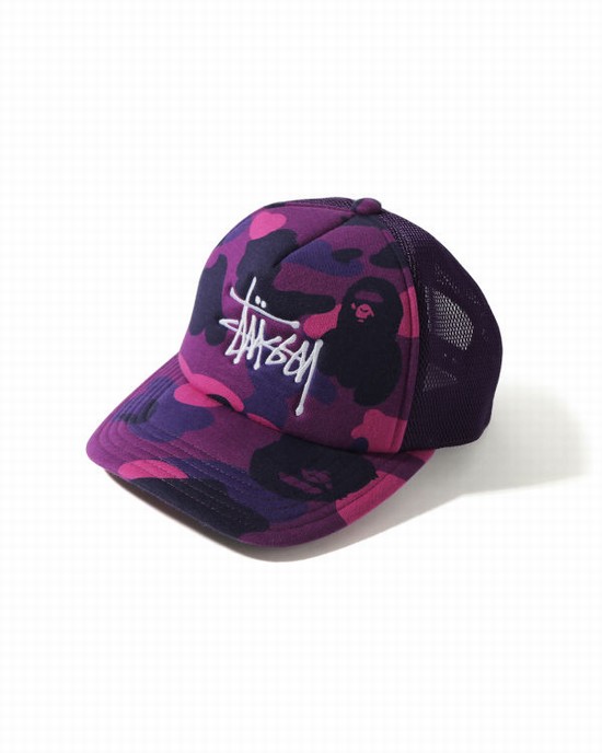 Purple Bape X Stussy Trucker Men's Caps | ZA-82194