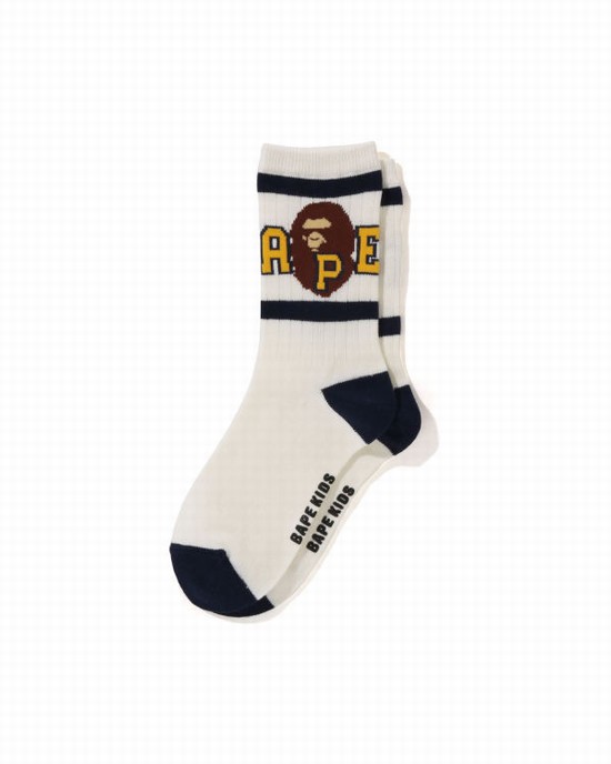 White Bape Ape Head Line Rib Kids' Socks | ZA-02169