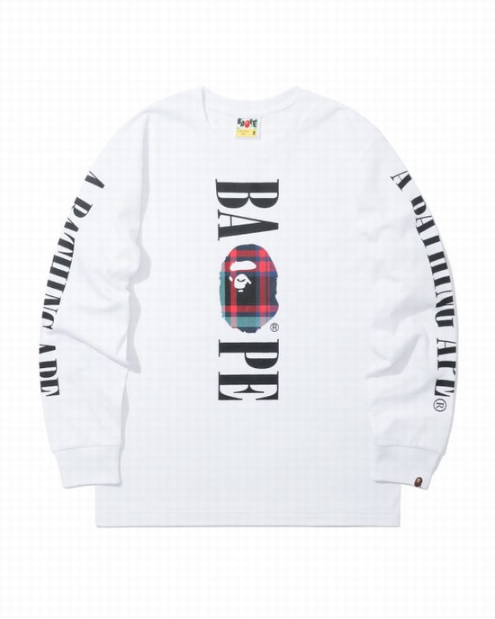 White Bape Check Head long sleeve Men's T Shirts | ZA-16584