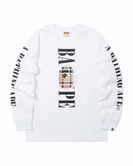 White Bape Check Head long sleeve Men's T Shirts | ZA-78192