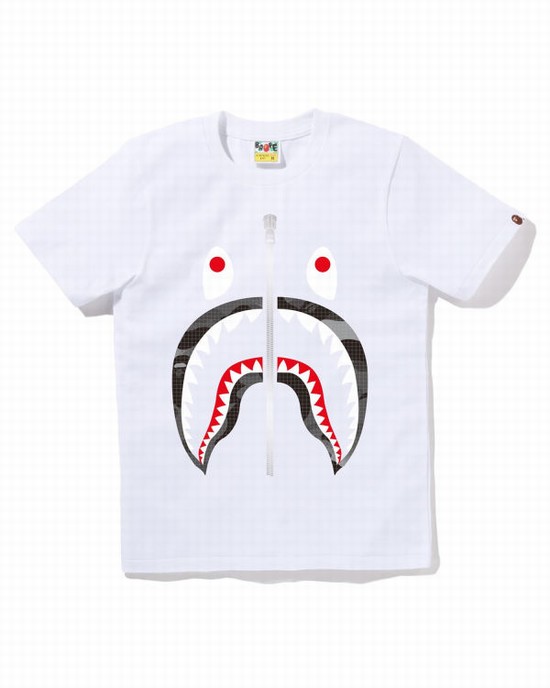 White Bape Grid Camo Shark Women's T Shirts | ZA-89417
