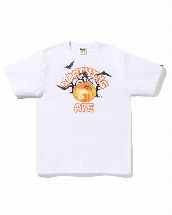 White Bape Halloween Jack O' Lantern College Men's T Shirts | ZA-76510