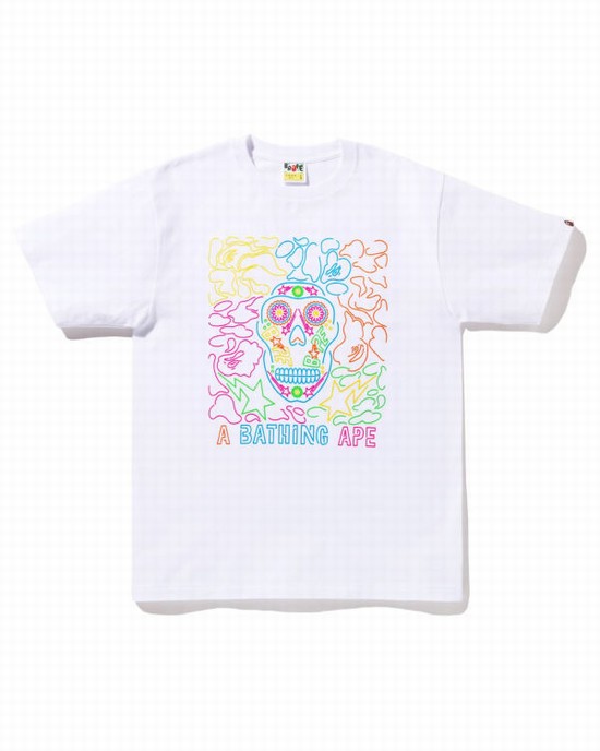 White Bape Halloween Neon Mexican Skull Men's T Shirts | ZA-63578