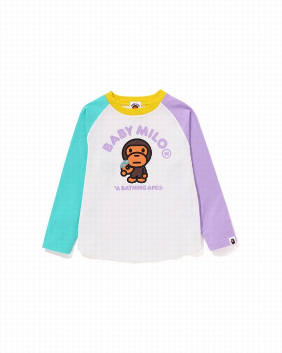 White Bape Milo Donuts Raglan L/S Kids' T Shirts | ZA-43967