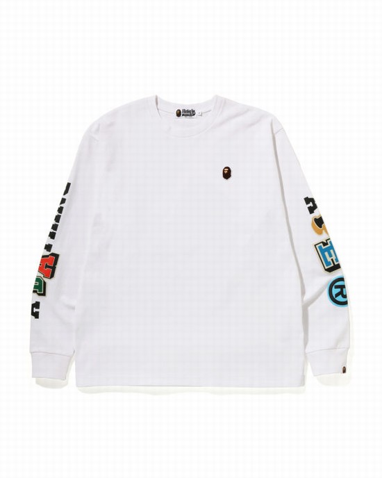 White Bape Multi Fonts Relaxed Fit L/S Men's T Shirts | ZA-37924