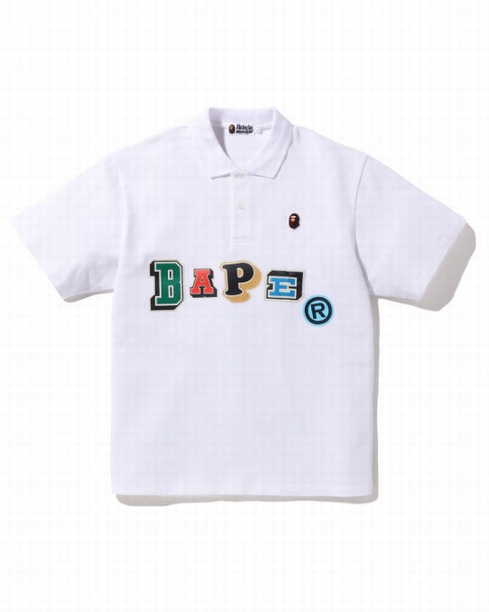 White Bape Multi Fonts Relaxed Fit Polo Men's T Shirts | ZA-36015