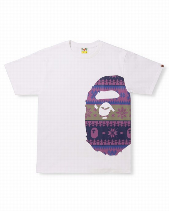 White Bape Snow Pattern Side Big Ape Head Men's T Shirts | ZA-23891