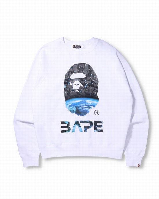 White Bape Space Camo Ape Head Loose Fit Crewneck Men's Sweatshirts | ZA-43789