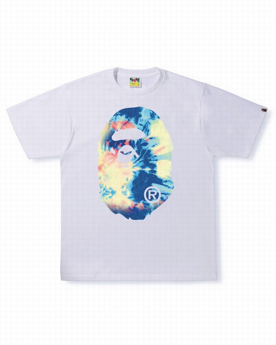 White Bape Tie Dye Big Ape Head Men's T Shirts | ZA-69372